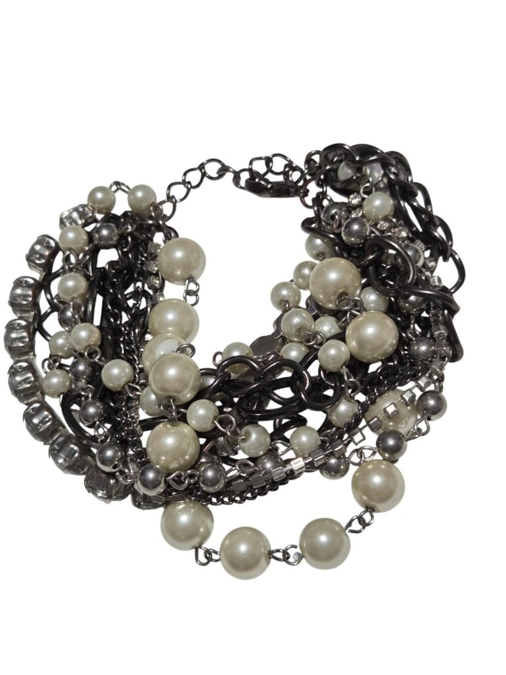 Vintage Chunky Faux Pearl Rhinestone Bracelet Statement Multilayer Silver Tone